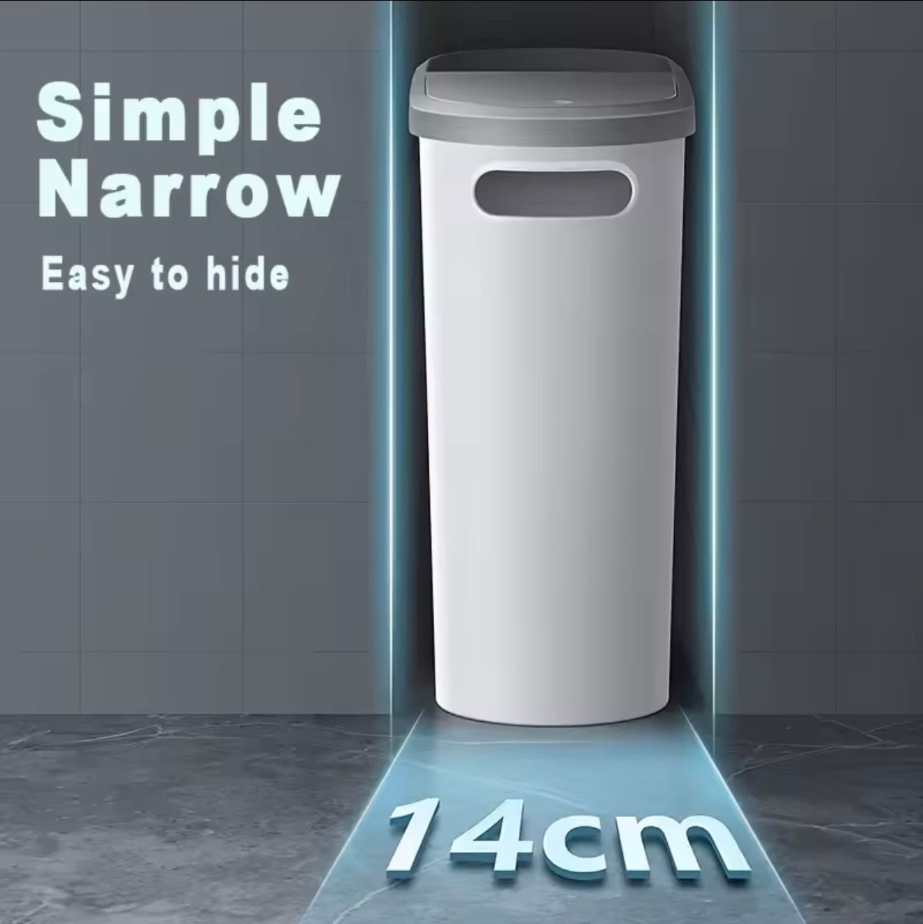 Maximize your space and keep your home tidy with this 10L Bathroom Trash Can. Designed with a slim, gap-friendly shape, it fits perfectly in narrow spaces such as between the toilet and the wall, beside cabinets, or in tight kitchen corners.