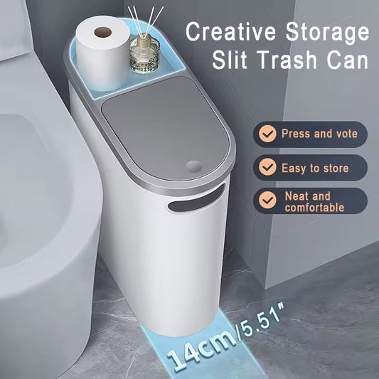 Maximize your space and keep your home tidy with this 10L Bathroom Trash Can. Designed with a slim, gap-friendly shape, it fits perfectly in narrow spaces such as between the toilet and the wall, beside cabinets, or in tight kitchen corners.